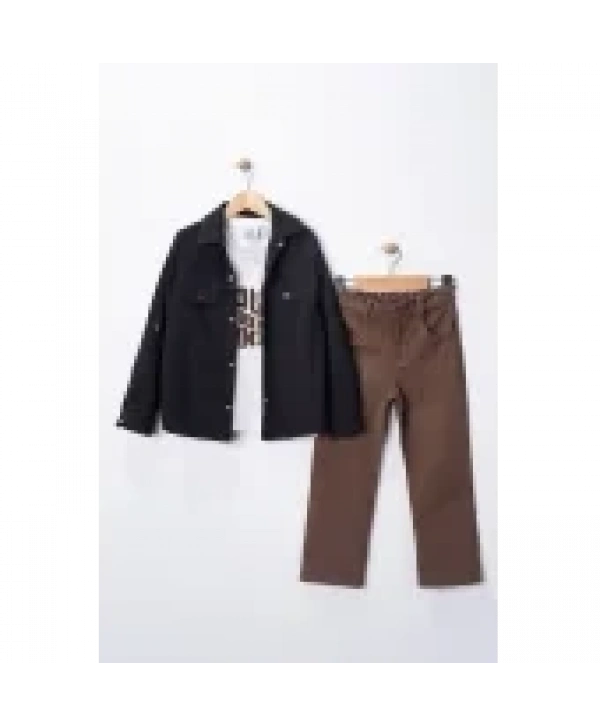 Erkek Çocuk Şapka Hediyeli Mevsimlik 3lü Kombin Takım - Ceket, Baskılı Tişört ve Pantolon