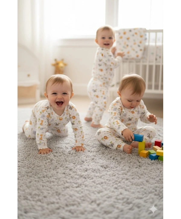 Unisex Çocuk %100 Pamuk Safari Hayvanları Desenli Dijital Baskılı Eşofman Takımı