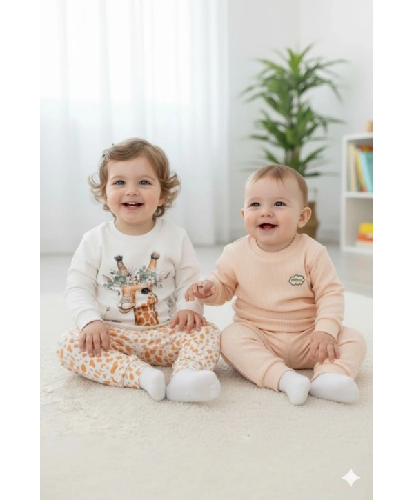 Unisex Çocuk Zürafa Baskılı %100 Pamuk & Kaşkorse İkili Takım Premium Seri