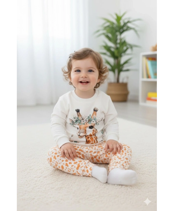 Unisex Çocuk Zürafa Baskılı %100 Pamuk & Kaşkorse İkili Takım Premium Seri