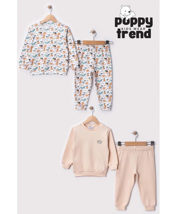 Unisex Çocuk Hayvan Desenli Dijital Baskılı %100 Pamuk & Kaşkorse İkili Takım Premium Seri