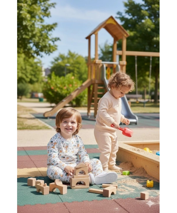 Unisex Çocuk Hayvan Desenli Dijital Baskılı %100 Pamuk & Kaşkorse İkili Takım Premium Seri