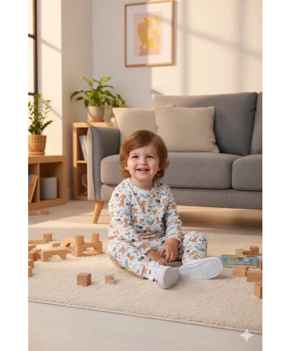 Unisex Çocuk Hayvan Desenli Dijital Baskılı %100 Pamuk & Kaşkorse İkili Takım Premium Seri