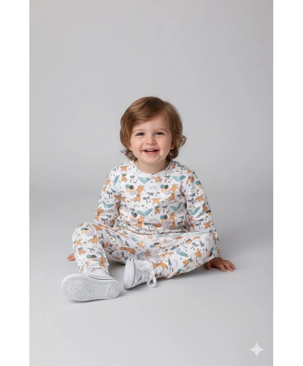 Unisex Çocuk Hayvan Desenli Dijital Baskılı %100 Pamuk & Kaşkorse İkili Takım Premium Seri