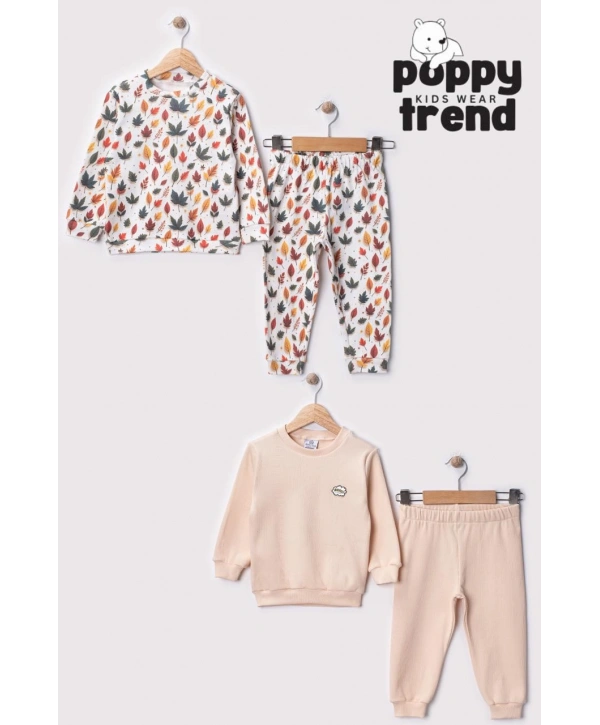 Unisex Çocuk Yapraklar Desenli Dijital Baskılı %100 Pamuk & Kaşkorse İkili Takım Premium Seri