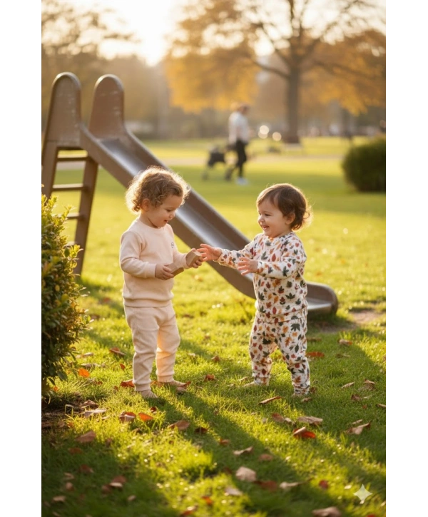 Unisex Çocuk Yapraklar Desenli Dijital Baskılı %100 Pamuk & Kaşkorse İkili Takım Premium Seri