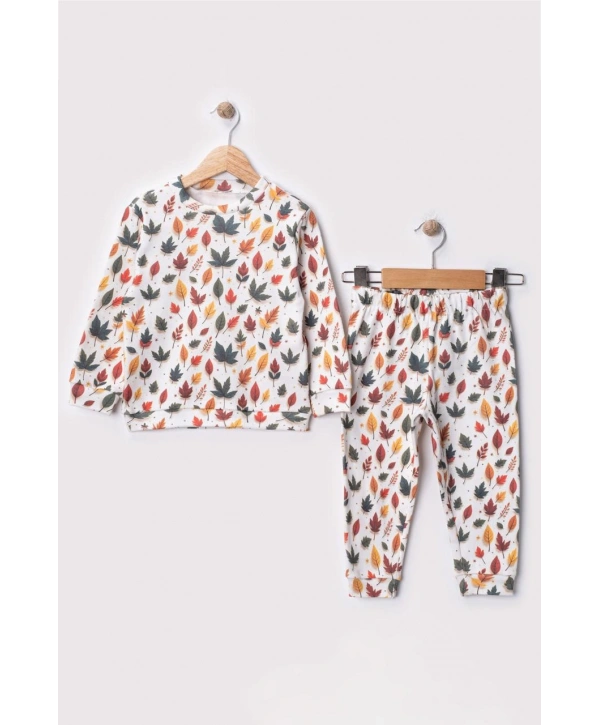 Unisex Çocuk Yapraklar Desenli Dijital Baskılı %100 Pamuk & Kaşkorse İkili Takım Premium Seri
