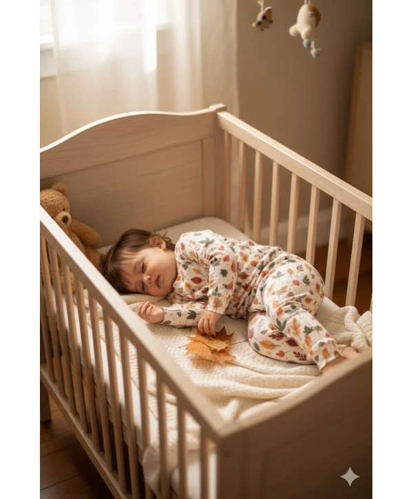 Unisex Çocuk Yapraklar Desenli Dijital Baskılı %100 Pamuk & Kaşkorse İkili Takım Premium Seri