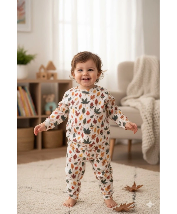 Unisex Çocuk Yapraklar Desenli Dijital Baskılı %100 Pamuk & Kaşkorse İkili Takım Premium Seri