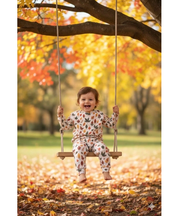 Unisex Çocuk Yapraklar Desenli Dijital Baskılı %100 Pamuk & Kaşkorse İkili Takım Premium Seri