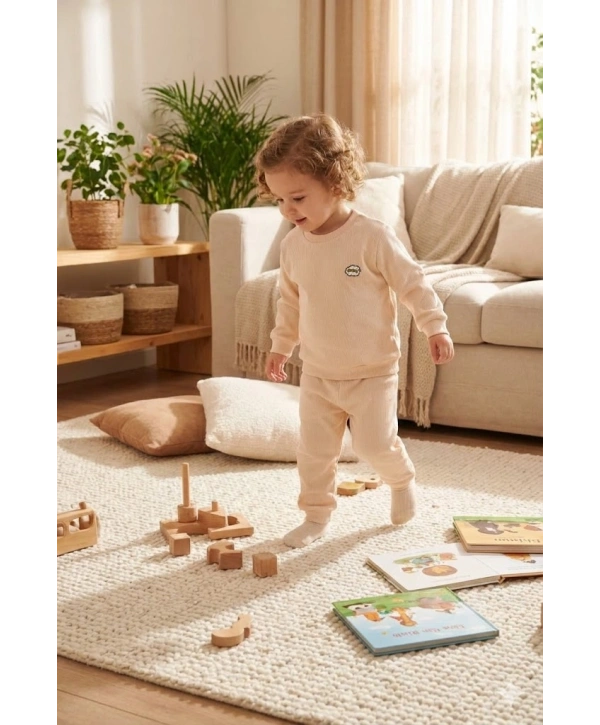 Unisex Çocuk Yapraklar Desenli Dijital Baskılı %100 Pamuk & Kaşkorse İkili Takım Premium Seri