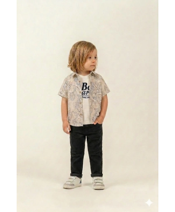 Erkek Çocuk Yaprak Desenli Gömlekli 3’lü Takım - %100 Pamuk Tişörtlü & Likralı Pantolon + Çorap Hediyeli