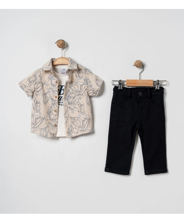 Erkek Çocuk Yaprak Desenli Gömlekli 3’lü Takım - %100 Pamuk Tişörtlü & Likralı Pantolon + Çorap Hediyeli