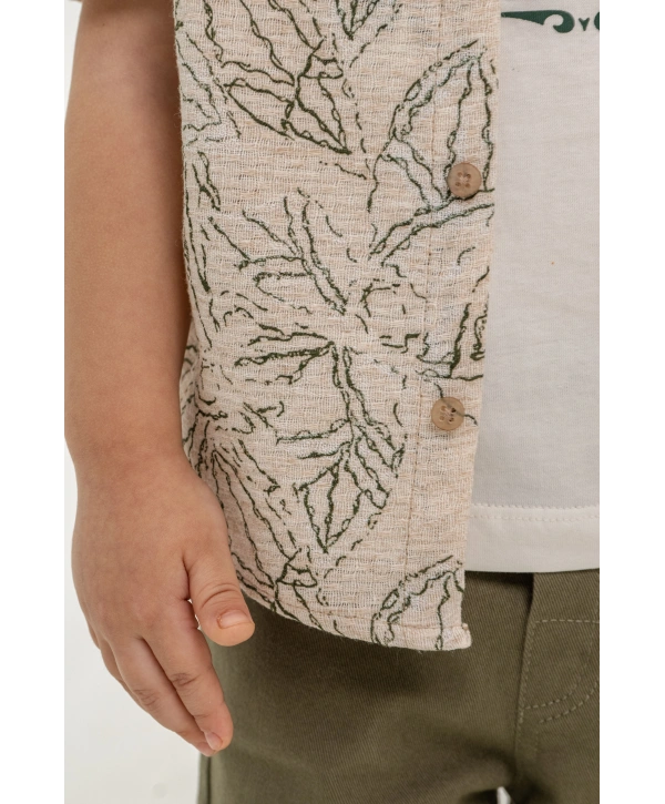 Erkek Çocuk Yaprak Desenli Gömlekli 3’lü Takım - %100 Pamuk Tişörtlü & Likralı Pantolon + Çorap Hediyeli