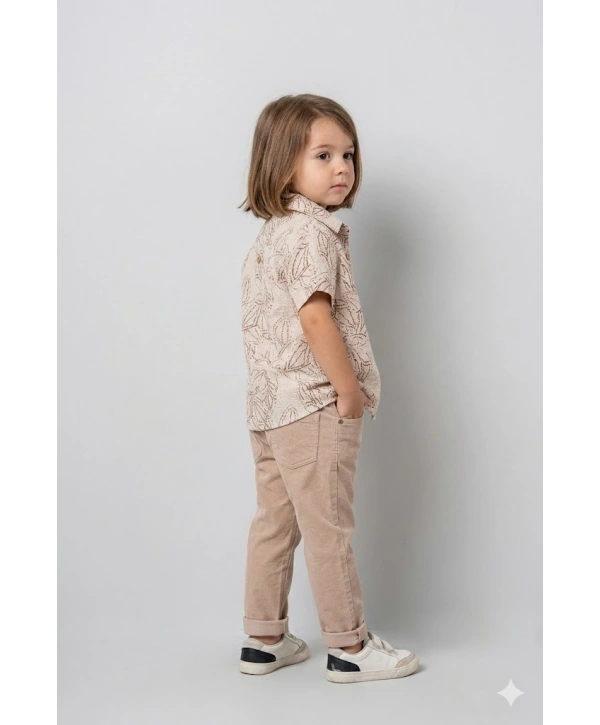 Erkek Çocuk Yaprak Desenli Gömlekli 3’lü Takım - %100 Pamuk Tişörtlü & Likralı Pantolon + Çorap Hediyeli