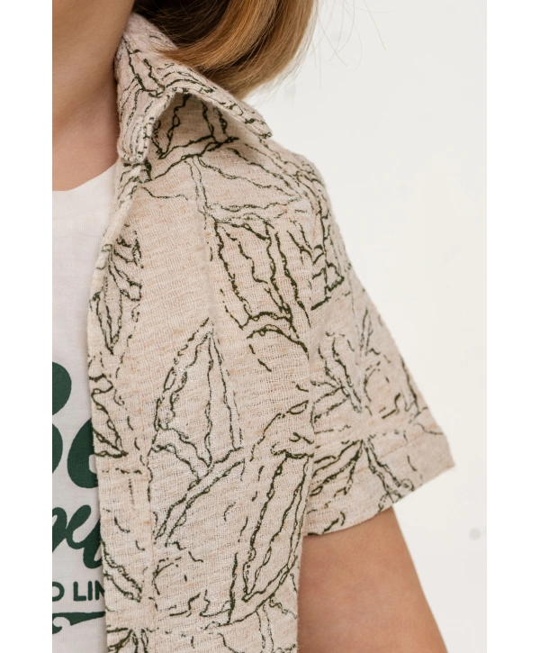 Erkek Çocuk Yaprak Desenli Gömlekli 3’lü Takım - %100 Pamuk Tişörtlü & Likralı Pantolon + Çorap Hediyeli