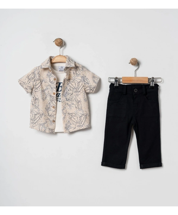 Erkek Çocuk Yaprak Desenli Gömlekli 3’lü Takım - %100 Pamuk Tişörtlü & Likralı Pantolon + Çorap Hediyeli