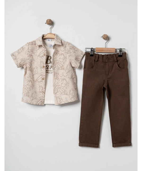 Erkek Çocuk Yaprak Desenli Gömlekli 3’lü Takım - %100 Pamuk Tişörtlü & Likralı Pantolon + Çorap Hediyeli