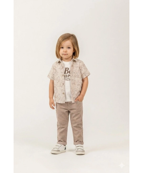 Erkek Çocuk Yaprak Desenli Gömlekli 3’lü Takım - %100 Pamuk Tişörtlü & Likralı Pantolon + Çorap Hediyeli