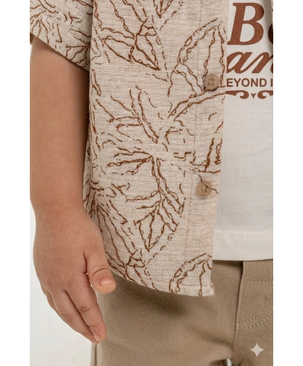 Erkek Çocuk Yaprak Desenli Gömlekli 3’lü Takım - %100 Pamuk Tişörtlü & Likralı Pantolon + Çorap Hediyeli