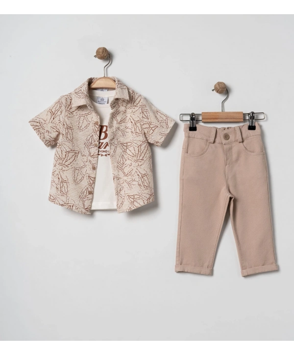 Erkek Çocuk Yaprak Desenli Gömlekli 3’lü Takım - %100 Pamuk Tişörtlü & Likralı Pantolon + Çorap Hediyeli