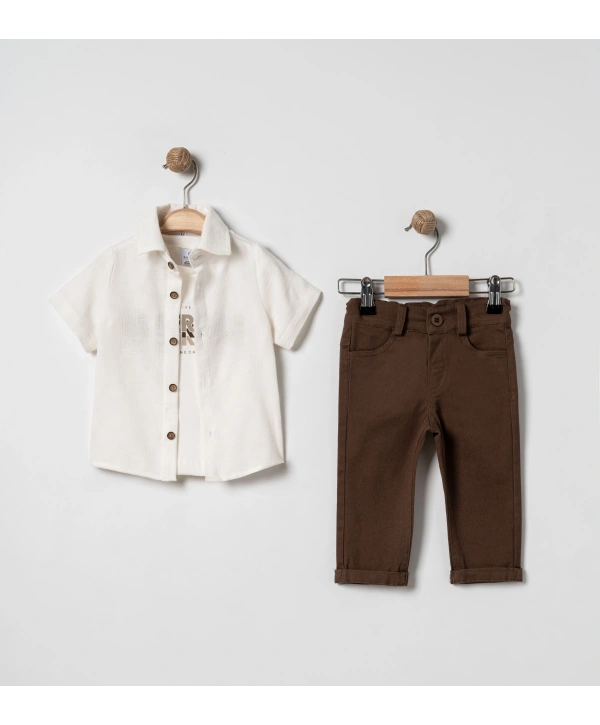 Erkek Çocuk Çorap Hediyeli 3lü Takım; Gömlek %100 Pamuk Tişört Likralı Pantolon