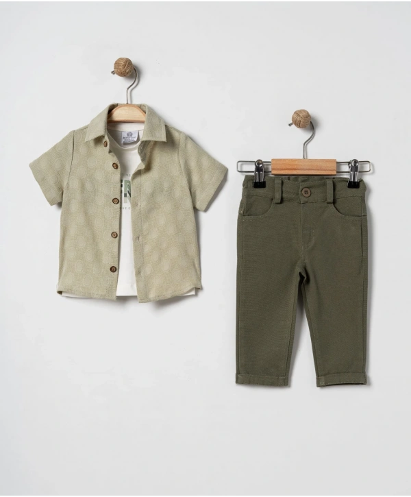 Erkek Çocuk Çorap Hediyeli 3lü Takım; Gömlek %100 Pamuk Tişört Likralı Pantolon