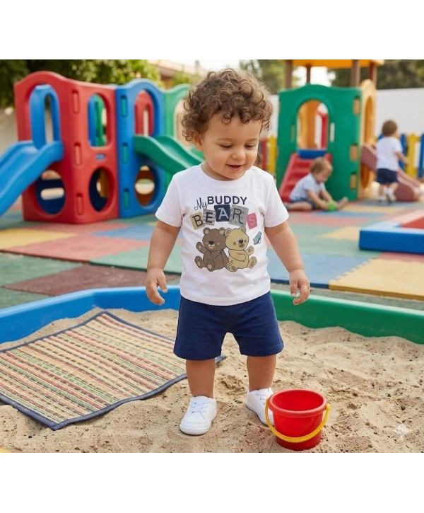 Erkek Bebek Ayıcık Baskılı Tişört Şort Takımı - 6-18 Ay