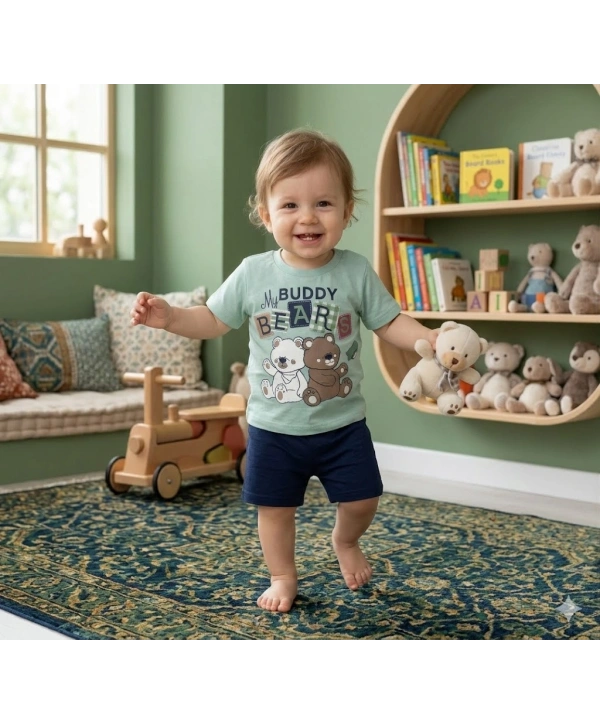 Erkek Bebek Ayıcık Baskılı Tişört Şort Takımı - 6-18 Ay