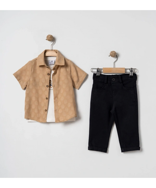 Erkek Çocuk Çorap Hediyeli 3lü Takım; Gömlek %100 Pamuk Tişört Likralı Pantolon