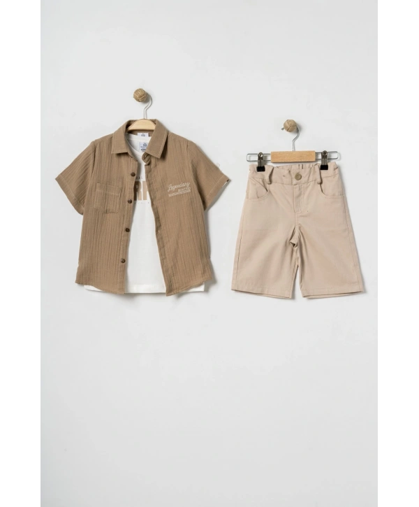 Erkek Çocuk %100 Pamuk Müslin Gömlek, Tişört ve Şortlu Premium Takım + Şapka Hediyeli