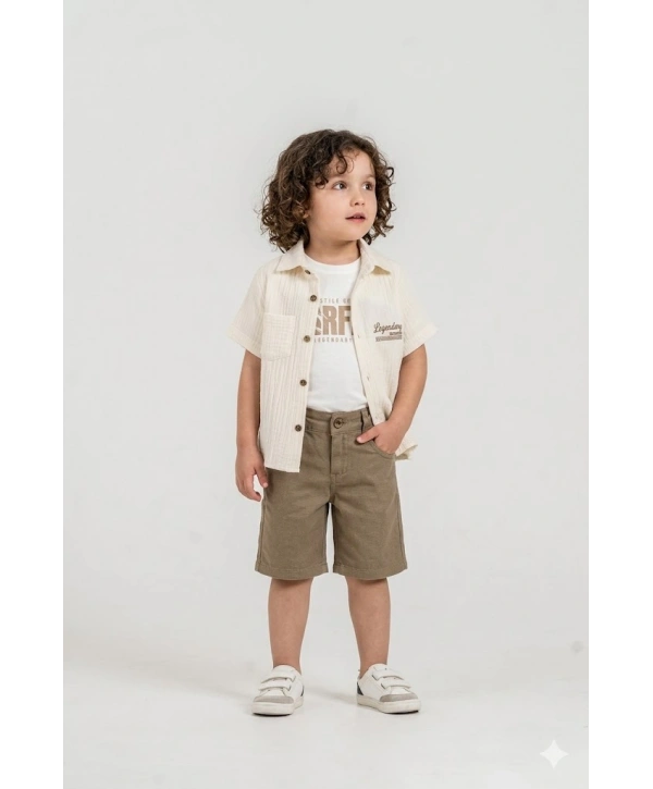 Erkek Çocuk %100 Pamuk Müslin Gömlek, Tişört ve Şortlu Premium Takım + Şapka Hediyeli
