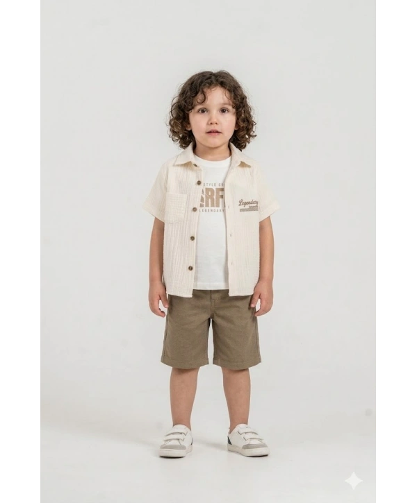 Erkek Çocuk %100 Pamuk Müslin Gömlek, Tişört ve Şortlu Premium Takım + Şapka Hediyeli