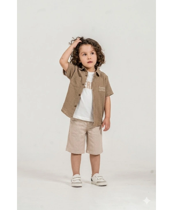 Erkek Çocuk %100 Pamuk Müslin Gömlek, Tişört ve Şortlu Premium Takım + Şapka Hediyeli