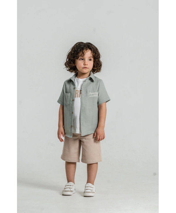 Erkek Çocuk %100 Pamuk Müslin Gömlek, Tişört ve Şortlu Premium Takım + Şapka Hediyeli