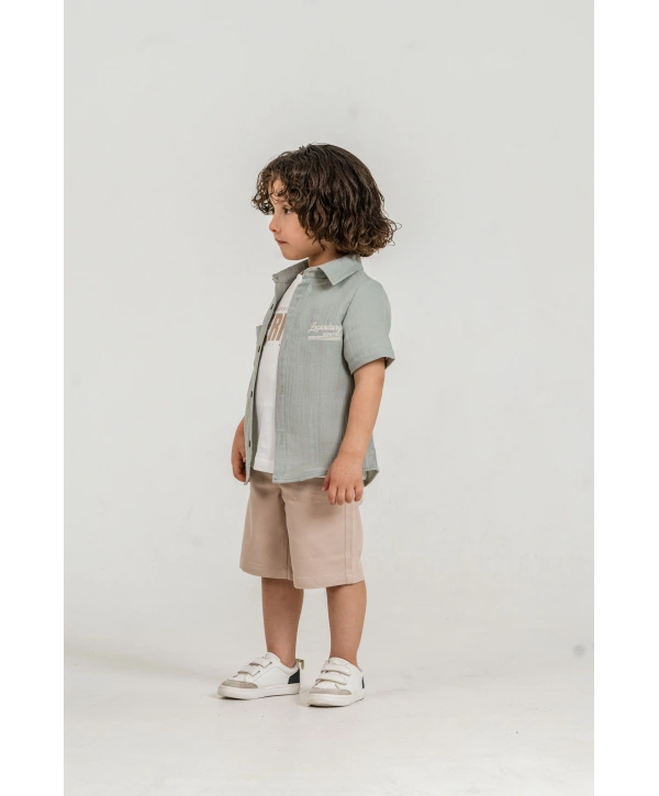 Erkek Çocuk %100 Pamuk Müslin Gömlek, Tişört ve Şortlu Premium Takım + Şapka Hediyeli