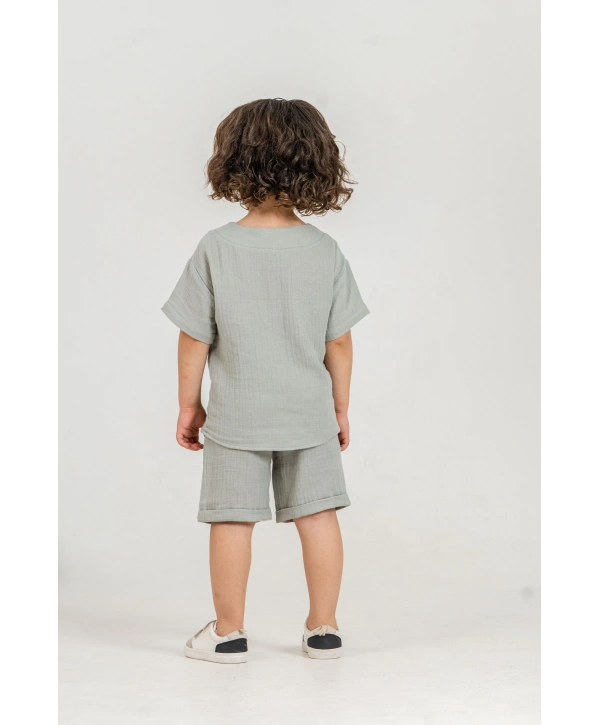 Unisex Çocuk %100 Pamuk Bağcıklı Tişört&Çocuk Şortlu Müslin Takım – Şapka Hediyeli