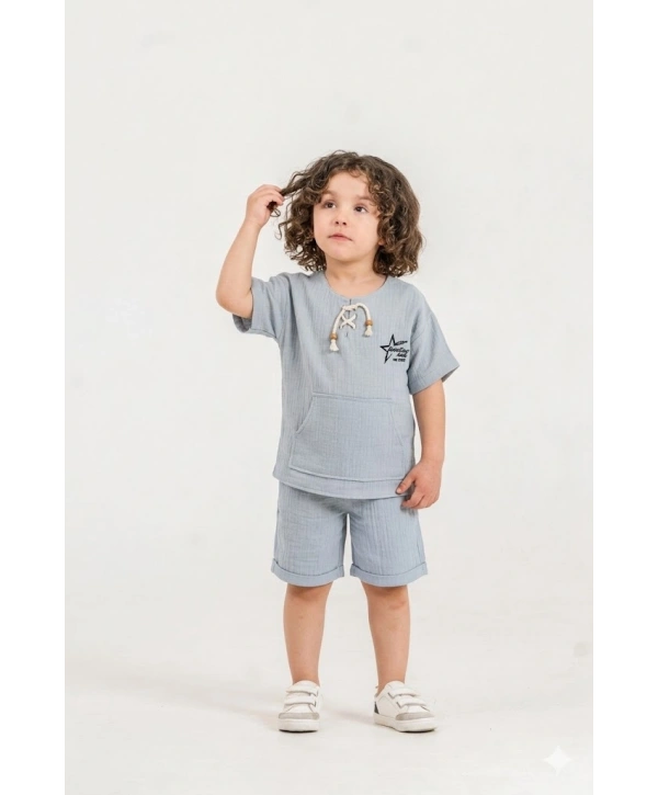 Unisex Çocuk %100 Pamuk Bağcıklı Tişört&Çocuk Şortlu Müslin Takım – Şapka Hediyeli