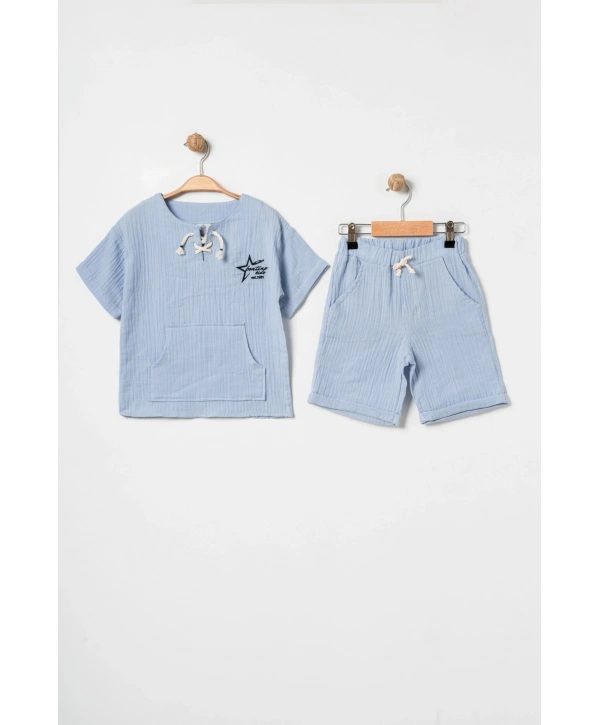 Unisex Çocuk %100 Pamuk Bağcıklı Tişört&Çocuk Şortlu Müslin Takım – Şapka Hediyeli