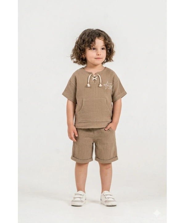 Unisex Çocuk %100 Pamuk Bağcıklı Tişört&Çocuk Şortlu Müslin Takım – Şapka Hediyeli
