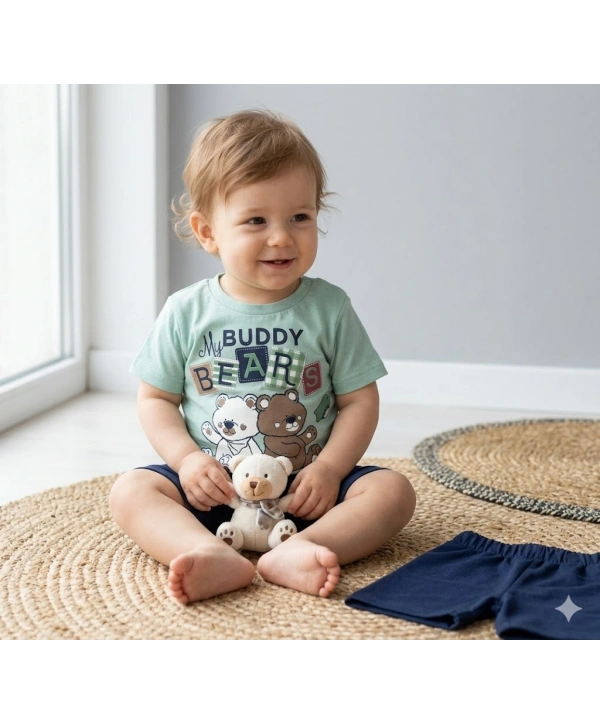 Erkek Bebek Ayıcık Baskılı Tişört Şort Takımı - 6-18 Ay