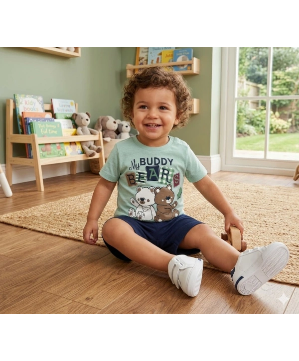 Erkek Bebek Ayıcık Baskılı Tişört Şort Takımı - 6-18 Ay