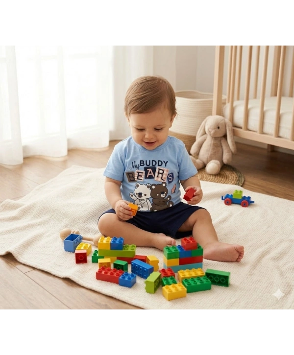 Erkek Bebek Ayıcık Baskılı Tişört Şort Takımı - 6-18 Ay