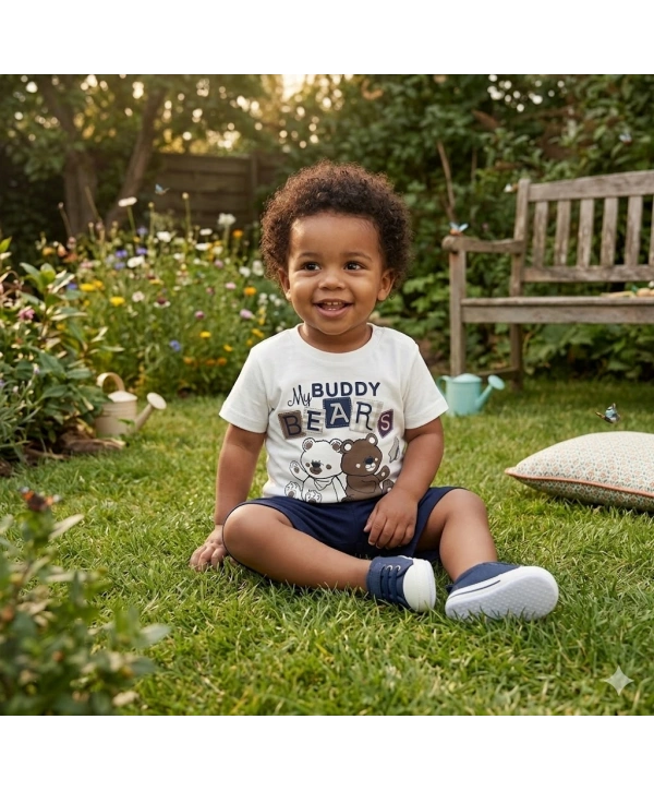 Erkek Bebek Ayıcık Baskılı Tişört Şort Takımı - 6-18 Ay