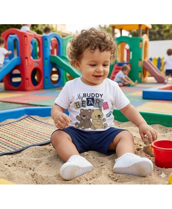 Erkek Bebek Ayıcık Baskılı Tişört Şort Takımı - 6-18 Ay