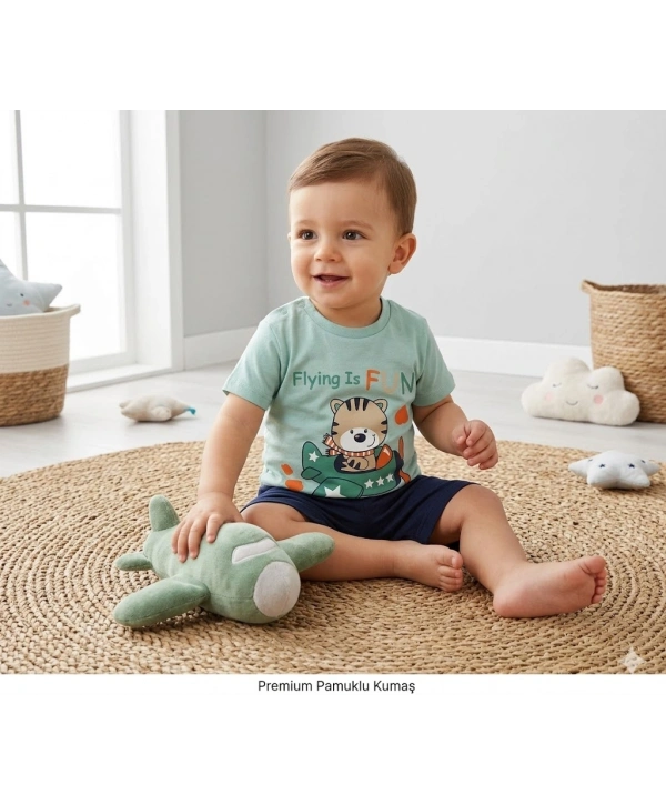 Erkek Bebek Flying Is Fun Baskılı Tişört Şort Takımı 6-18 Ay