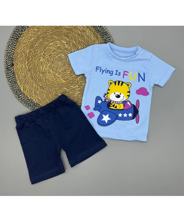 Erkek Bebek Flying Is Fun Baskılı Tişört Şort Takımı 6-18 Ay