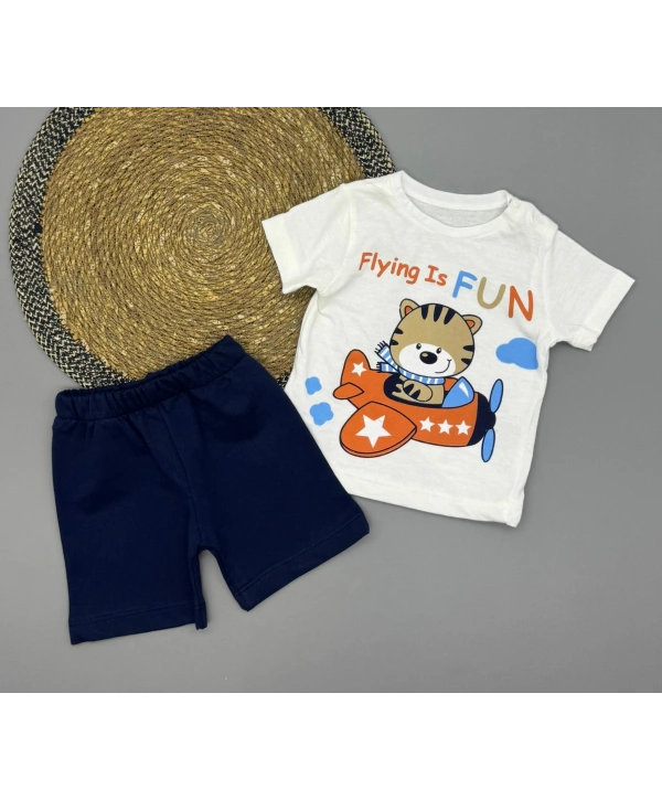 Erkek Bebek Flying Is Fun Baskılı Tişört Şort Takımı 6-18 Ay