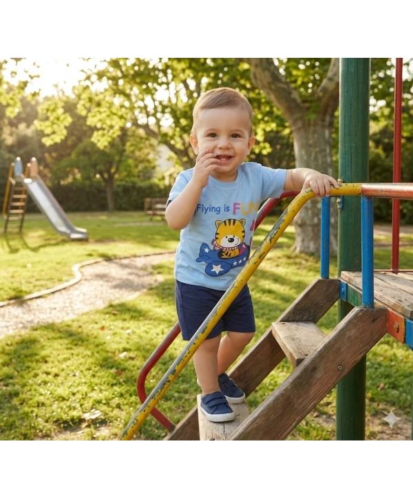 Erkek Bebek Flying Is Fun Baskılı Tişört Şort Takımı 6-18 Ay
