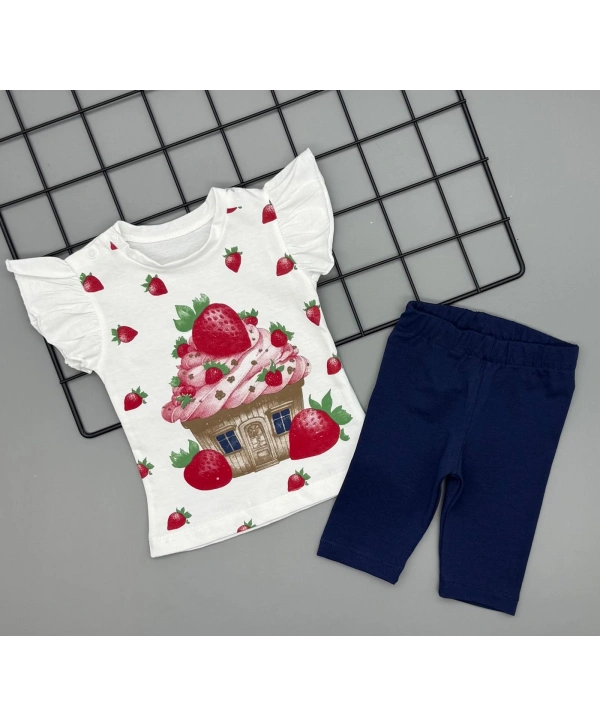 Kız Bebek Çilek Baskılı Tişört ve Taytlı Gündelik İkili Takım 6-18 Ay